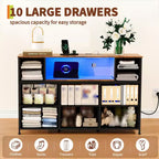 Commode 10 tiroirs pour chambre, commode avec bacs en tissu, meuble TV avec prise de courant, organisateur de rangement pour vêtements pour salon, marron