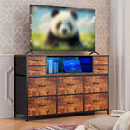 Commode 10 tiroirs pour chambre, commode avec bacs en tissu, meuble TV avec prise de courant, organisateur de rangement pour vêtements pour salon, marron