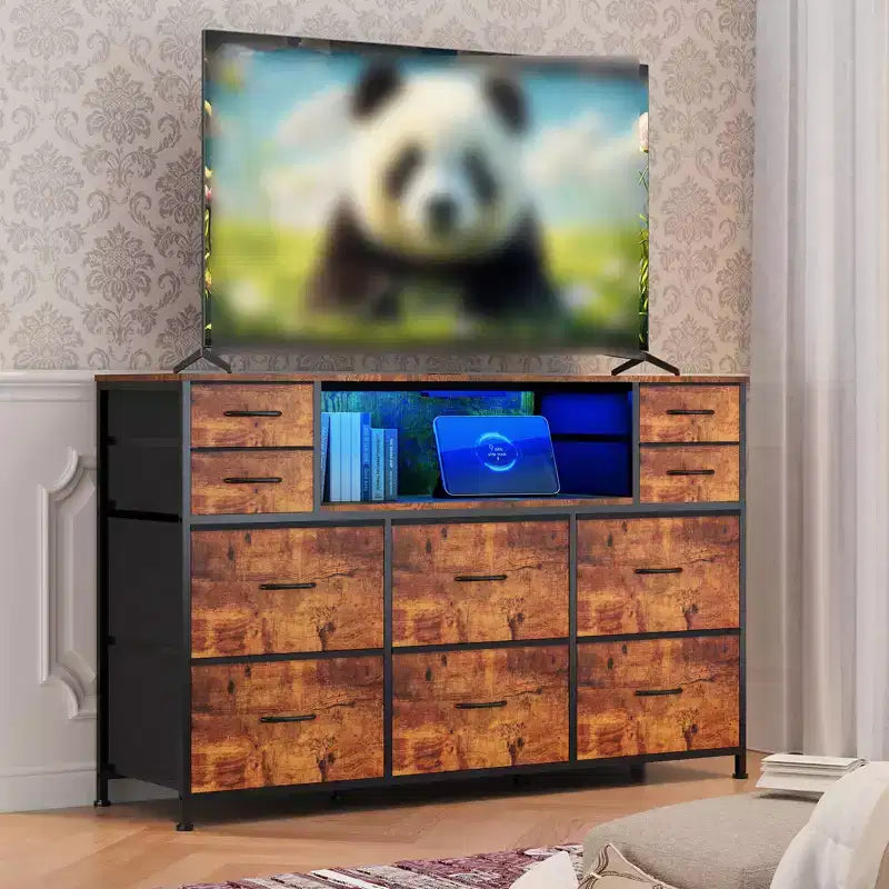 Commode 10 tiroirs pour chambre, commode avec bacs en tissu, meuble TV avec prise de courant, organisateur de rangement pour vêtements pour salon, marron