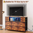 Commode 10 tiroirs pour chambre, commode avec bacs en tissu, meuble TV avec prise de courant, organisateur de rangement pour vêtements pour salon, marron