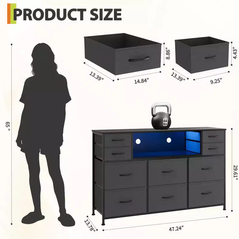 Commode 10 tiroirs pour chambre, commode avec bacs en tissu, meuble TV avec prise de courant, organisateur de rangement pour vêtements pour salon, marron