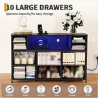 Commode 10 tiroirs pour chambre, commode avec bacs en tissu, meuble TV avec prise de courant, organisateur de rangement pour vêtements pour salon, marron