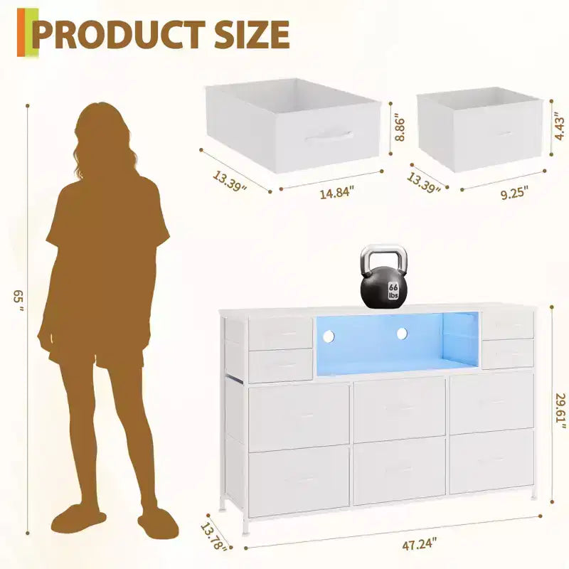 Commode 10 tiroirs pour chambre, commode avec bacs en tissu, meuble TV avec prise de courant, organisateur de rangement pour vêtements pour salon, marron