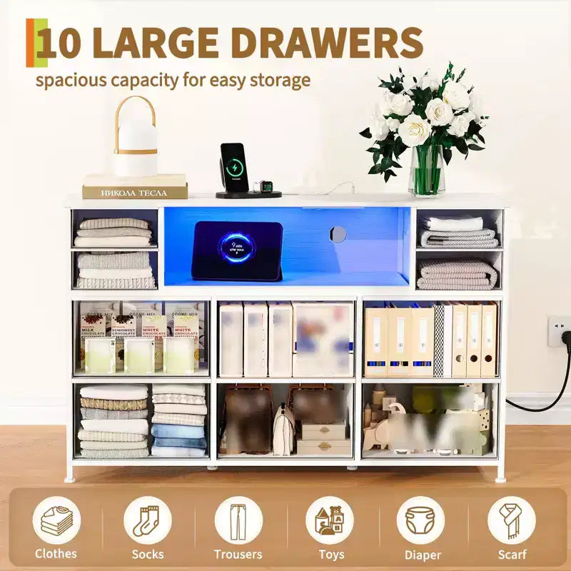 Commode 10 tiroirs pour chambre, commode avec bacs en tissu, meuble TV avec prise de courant, organisateur de rangement pour vêtements pour salon, marron