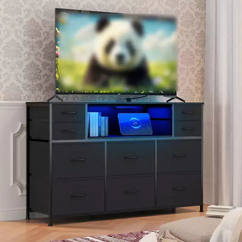 Commode 10 tiroirs pour chambre, commode avec bacs en tissu, meuble TV avec prise de courant, organisateur de rangement pour vêtements pour salon, marron