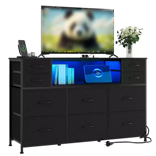 10 Drawers Dresser for Bedroom, Chest of Drawers with Fabric Bins, TV Stand with Power Outlet, Clothes Storage Organizer for Living Room, Brown