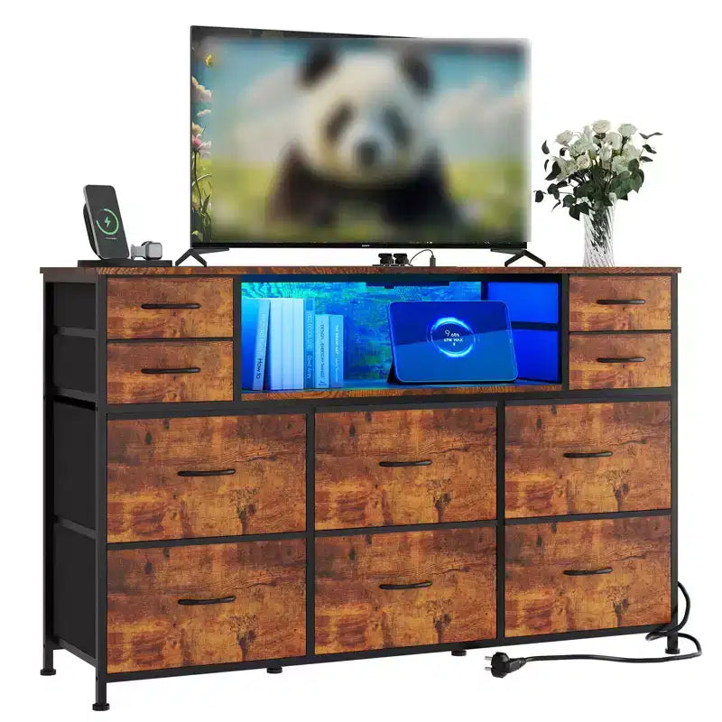 Commode 10 tiroirs pour chambre, commode avec bacs en tissu, meuble TV avec prise de courant, organisateur de rangement pour vêtements pour salon, marron