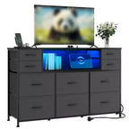 Commode 10 tiroirs pour chambre, commode avec bacs en tissu, meuble TV avec prise de courant, organisateur de rangement pour vêtements pour salon, marron
