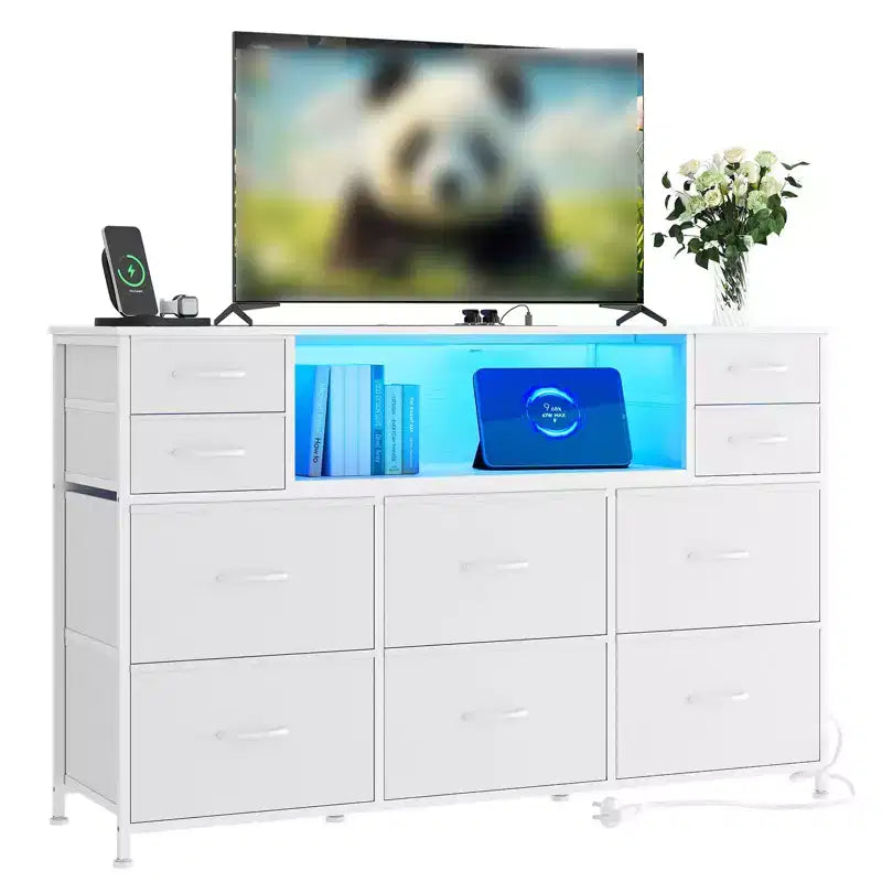 Commode 10 tiroirs pour chambre, commode avec bacs en tissu, meuble TV avec prise de courant, organisateur de rangement pour vêtements pour salon, marron