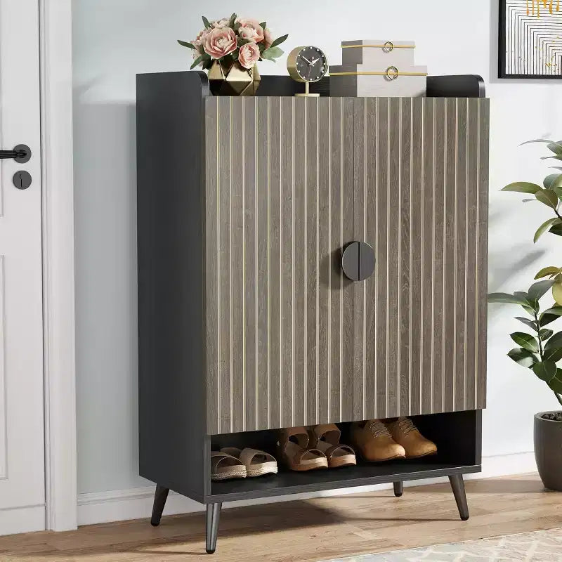 Lantine Shoe Cabinet with Doors, 7-Tier Shoes Rack with Adjustable Shelves, Wooden Shoe Storage Organizer for Entryway, Closet, Living Room, Gray