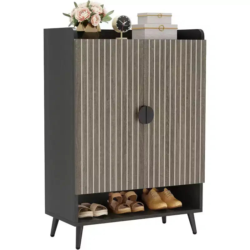 Meuble à chaussures Lantine avec portes, étagère à chaussures à 7 niveaux avec étagères réglables, organisateur de rangement à chaussures en bois pour entrée, placard, salon, gris