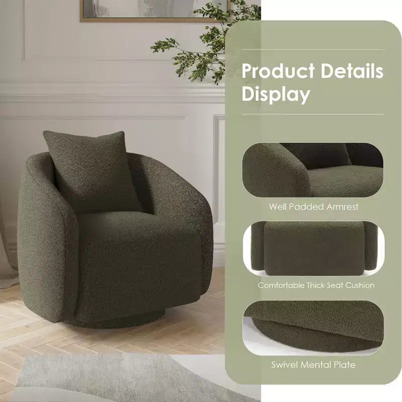 Chaise d'appoint pivotante TUYOHW, fauteuil club rotatif avec coussin de dossier, cadre en bois massif, chaise rembourrée en tissu teddy pour salon, chambre, bureau