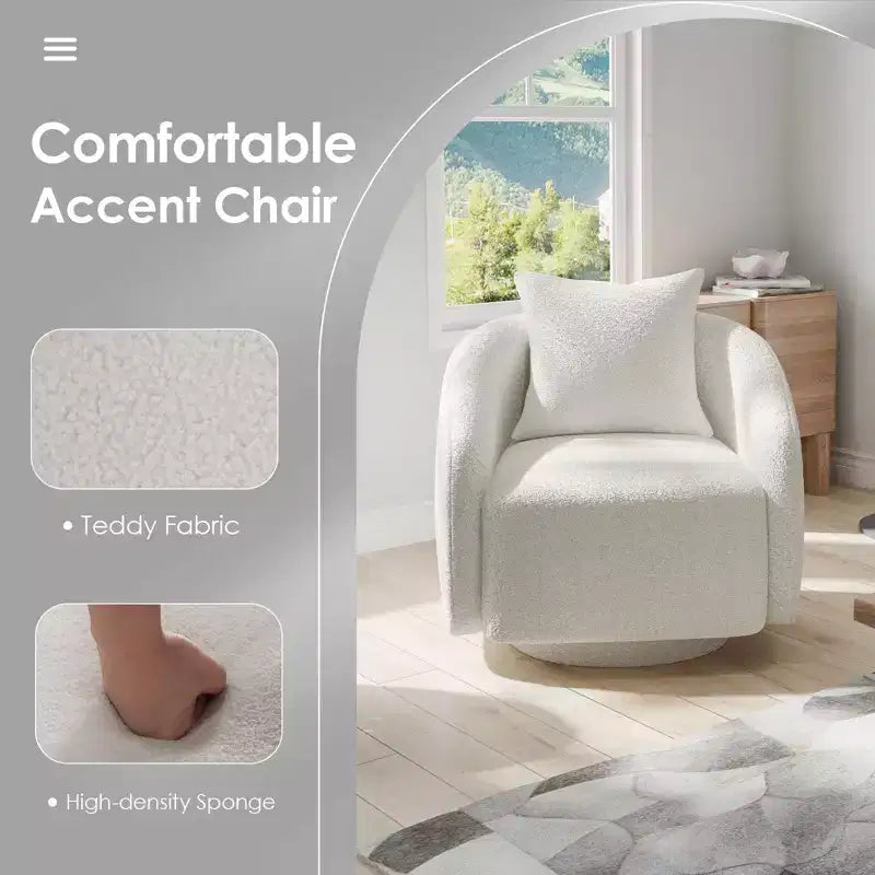 Chaise d'appoint pivotante TUYOHW, fauteuil club rotatif avec coussin de dossier, cadre en bois massif, chaise rembourrée en tissu teddy pour salon, chambre, bureau
