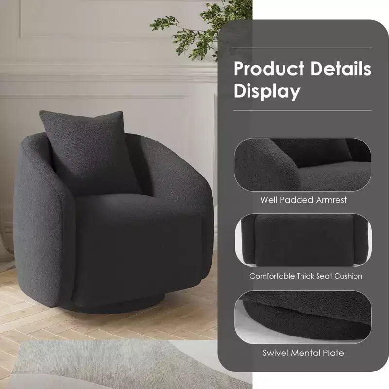 Chaise d'appoint pivotante TUYOHW, fauteuil club rotatif avec coussin de dossier, cadre en bois massif, chaise rembourrée en tissu teddy pour salon, chambre, bureau
