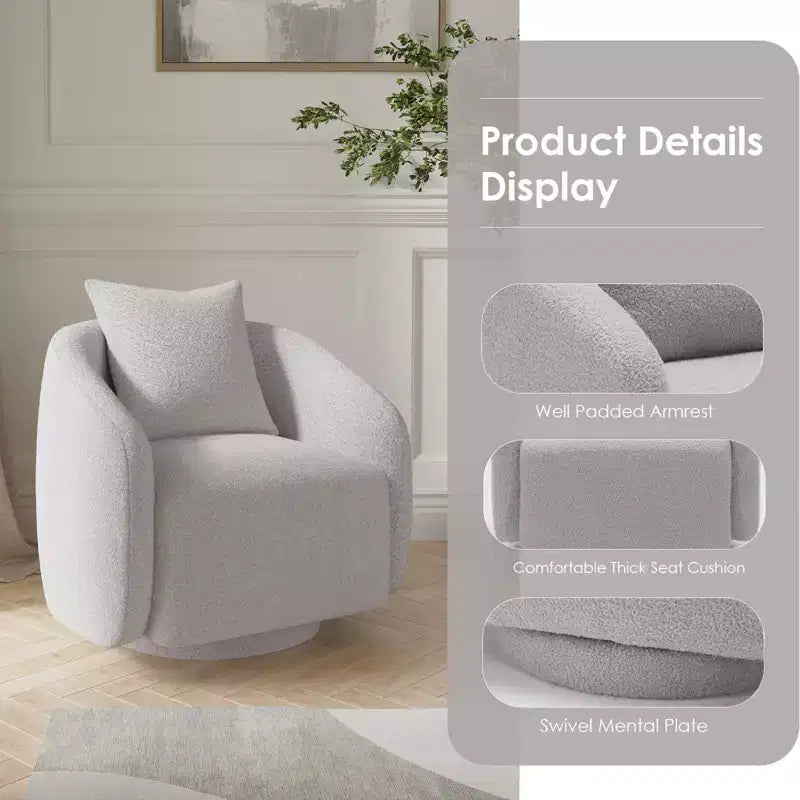 Chaise d'appoint pivotante TUYOHW, fauteuil club rotatif avec coussin de dossier, cadre en bois massif, chaise rembourrée en tissu teddy pour salon, chambre, bureau