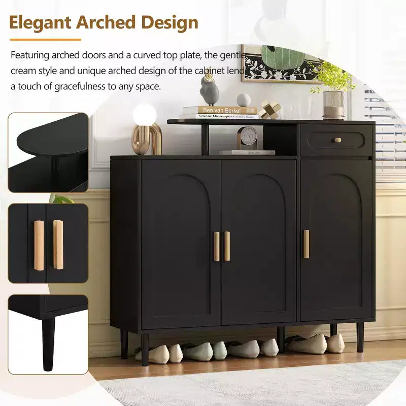 JVNOXK Meuble à chaussures élégant et raffiné, buffet de rangement couleur crème avec étagères réglables et pieds en bois massif, noir