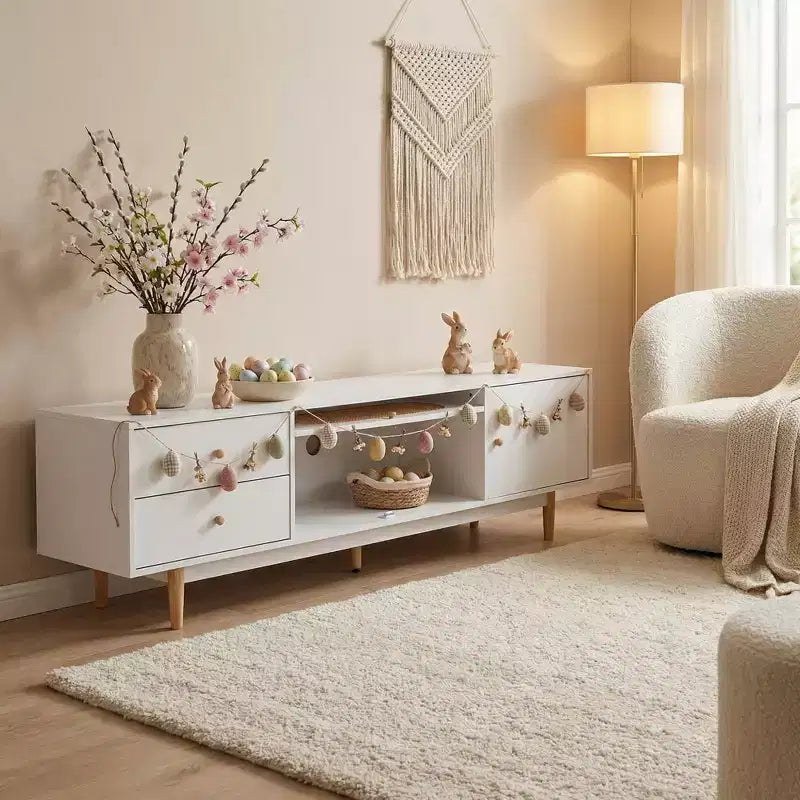 Meuble TV JVNOXK de 70 pouces pour téléviseurs de 80 pouces et moins, console TV minimaliste avec tiroirs, meuble multimédia pour salon et chambre à coucher