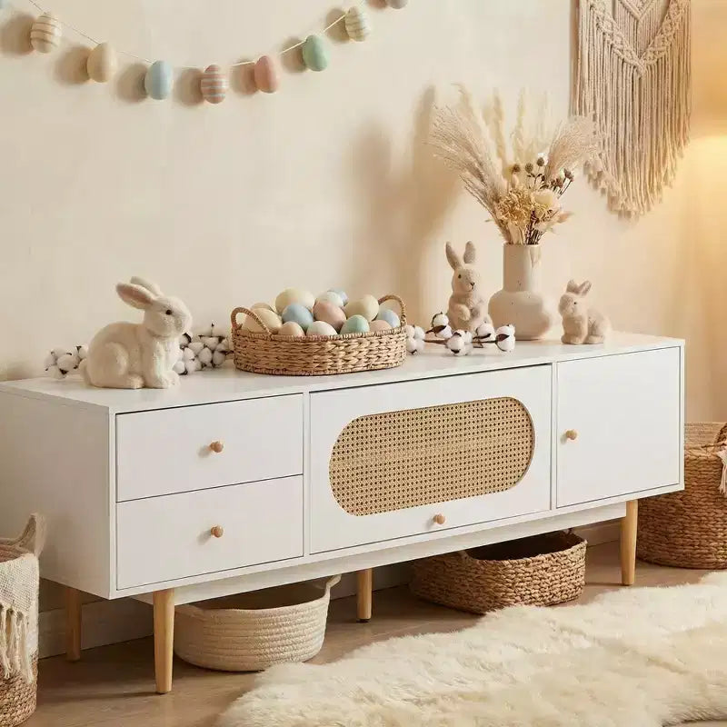 Meuble TV JVNOXK de 70 pouces pour téléviseurs de 80 pouces et moins, console TV minimaliste avec tiroirs, meuble multimédia pour salon et chambre à coucher