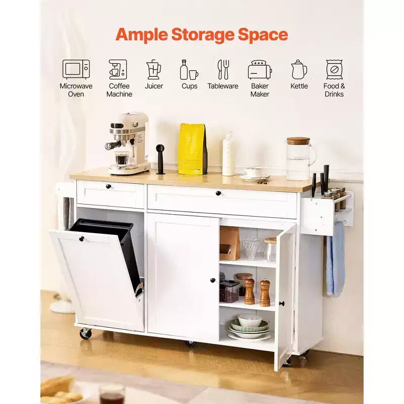VIYET 35.5H Îlot de cuisine roulant avec tiroir, abattant et armoire de rangement, blanc
