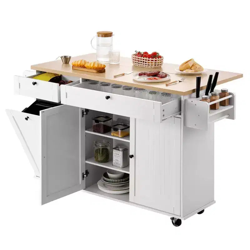 VIYET 35.5H Îlot de cuisine roulant avec tiroir, abattant et armoire de rangement, blanc