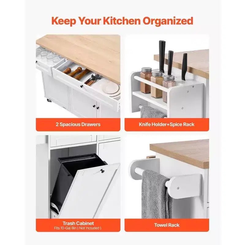 VIYET 35.5H Îlot de cuisine roulant avec tiroir, abattant et armoire de rangement, blanc