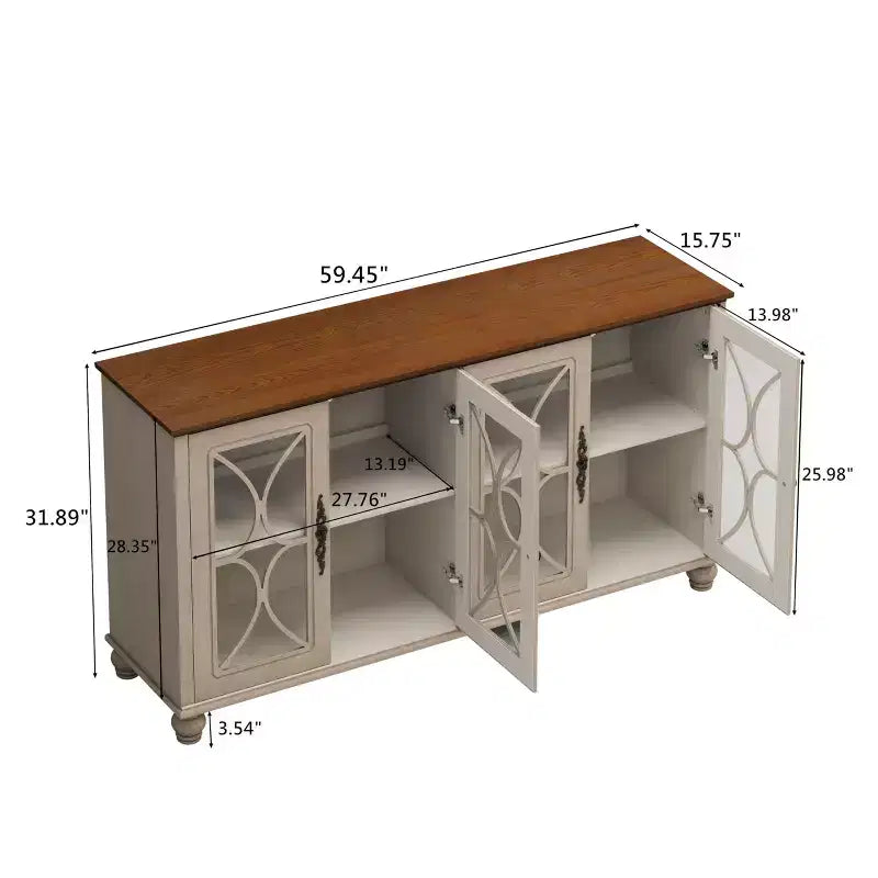 Buffet vaisselier, Vitrine 4 portes en verre trempé, 3 étagères réglables en hauteur, Meuble d'exposition sur pied pour la maison