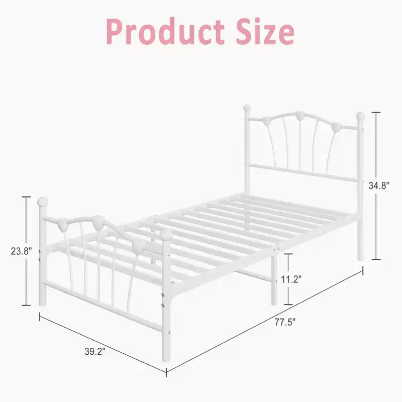 Cadre de lit Twin XL en métal en forme de cœur, plateforme rose avec tête et pied de lit, lattes robustes, rangement sous le lit, sommier tapissier non requis