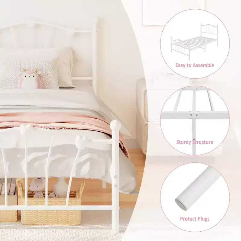 Cadre de lit Twin XL en métal en forme de cœur, plateforme rose avec tête et pied de lit, lattes robustes, rangement sous le lit, sommier tapissier non requis