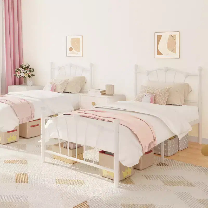 Cadre de lit Twin XL en métal en forme de cœur, plateforme rose avec tête et pied de lit, lattes robustes, rangement sous le lit, sommier tapissier non requis