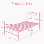 Cadre de lit Twin XL en métal en forme de cœur, plateforme rose avec tête et pied de lit, lattes robustes, rangement sous le lit, sommier tapissier non requis