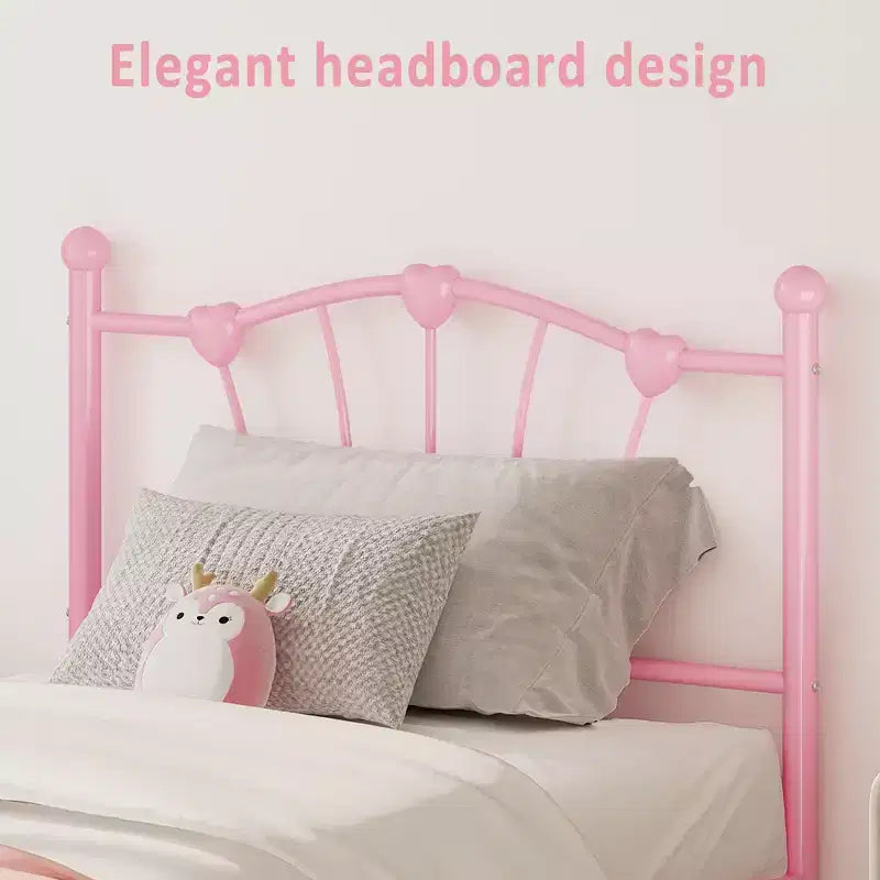 Cadre de lit Twin XL en métal en forme de cœur, plateforme rose avec tête et pied de lit, lattes robustes, rangement sous le lit, sommier tapissier non requis