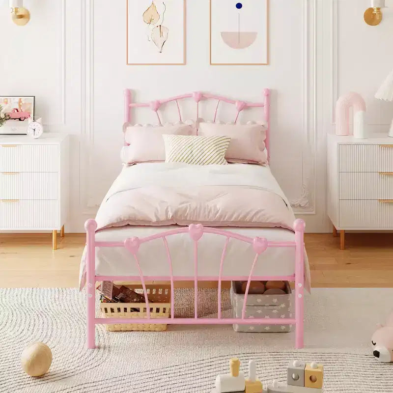 Cadre de lit Twin XL en métal en forme de cœur, plateforme rose avec tête et pied de lit, lattes robustes, rangement sous le lit, sommier tapissier non requis