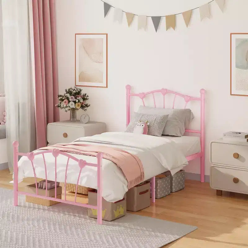 Cadre de lit Twin XL en métal en forme de cœur, plateforme rose avec tête et pied de lit, lattes robustes, rangement sous le lit, sommier tapissier non requis