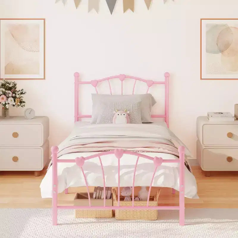 Cadre de lit Twin XL en métal en forme de cœur, plateforme rose avec tête et pied de lit, lattes robustes, rangement sous le lit, sommier tapissier non requis