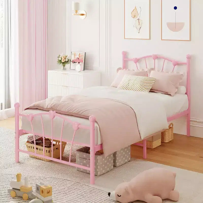 Cadre de lit Twin XL en métal en forme de cœur, plateforme rose avec tête et pied de lit, lattes robustes, rangement sous le lit, sommier tapissier non requis