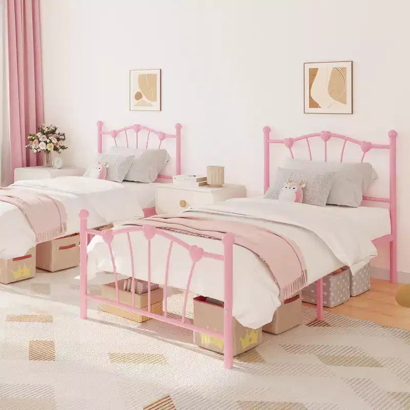 Cadre de lit Twin XL en métal en forme de cœur, plateforme rose avec tête et pied de lit, lattes robustes, rangement sous le lit, sommier tapissier non requis