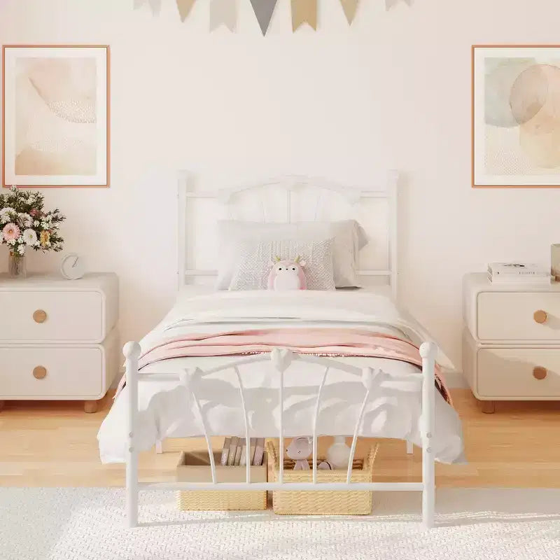 Cadre de lit Twin XL en métal en forme de cœur, plateforme rose avec tête et pied de lit, lattes robustes, rangement sous le lit, sommier tapissier non requis