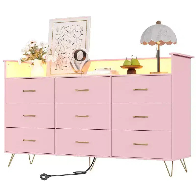 Commode à 9 tiroirs COZONY, Grande commode en bois pour chambre, dressing, salon, Organiseur de rangement moderne sans poignées
