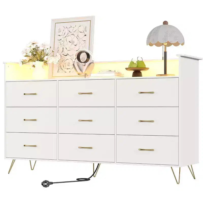 Commode à 9 tiroirs COZONY, Grande commode en bois pour chambre, dressing, salon, Organiseur de rangement moderne sans poignées