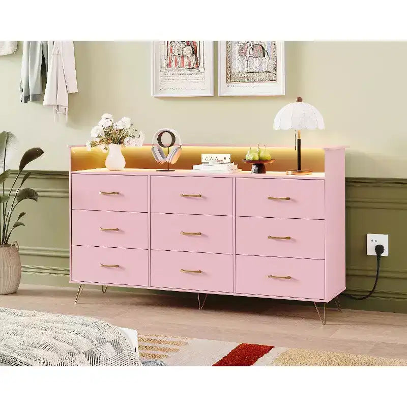 Commode à 9 tiroirs COZONY, Grande commode en bois pour chambre, dressing, salon, Organiseur de rangement moderne sans poignées