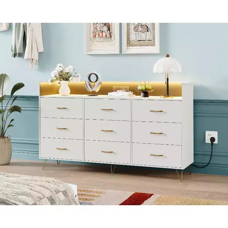 Commode à 9 tiroirs COZONY, Grande commode en bois pour chambre, dressing, salon, Organiseur de rangement moderne sans poignées