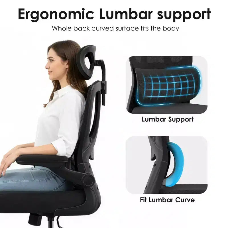 Chaise de bureau ergonomique en maille TUYOHW avec support lombaire réglable, appui-tête et accoudoirs relevables, chaise de bureau à domicile pour l'étude, salle de jeux