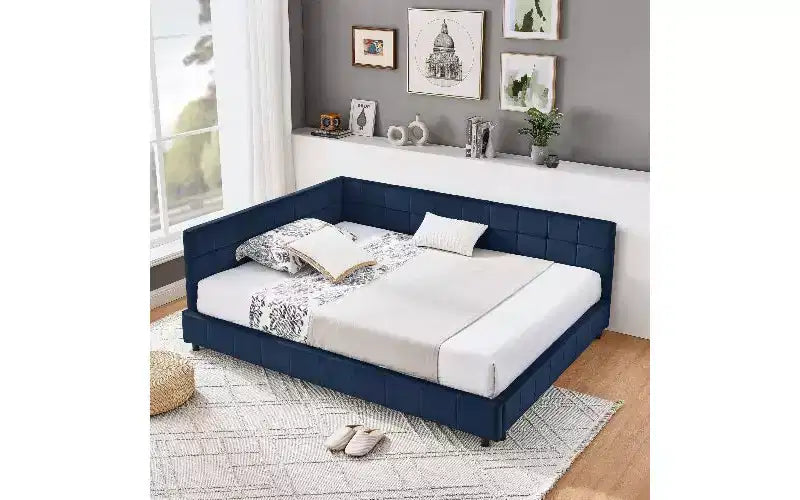 Lit de repos complet en velours de style Mid-Century TUYOHW, cadre de canapé-lit rembourré avec structure de lit plateforme en bois d'eucalyptus, lit capitonné avec têtes de lit