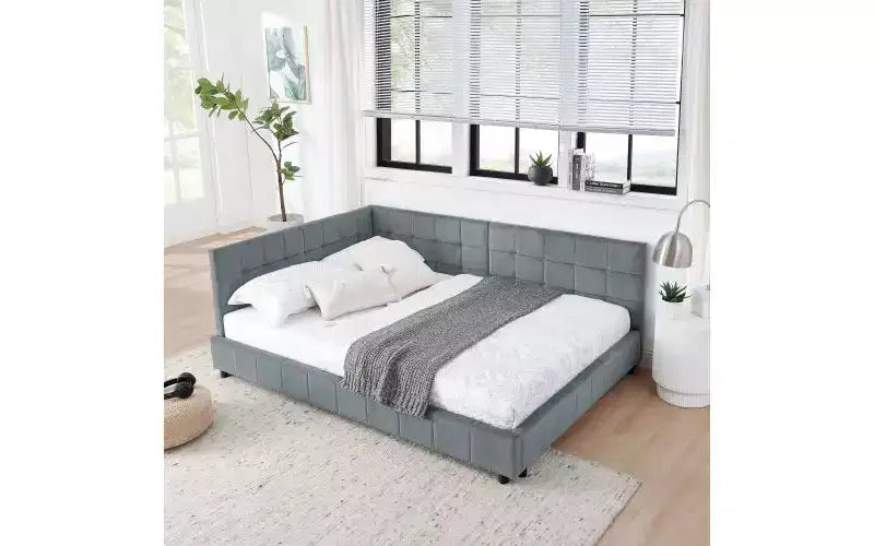 Lit de repos complet en velours de style Mid-Century TUYOHW, cadre de canapé-lit rembourré avec structure de lit plateforme en bois d'eucalyptus, lit capitonné avec têtes de lit