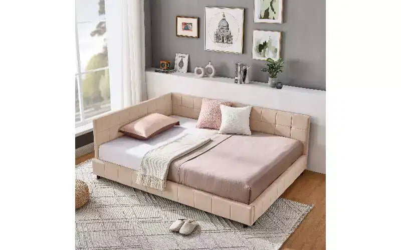 Lit de repos complet en velours de style Mid-Century TUYOHW, cadre de canapé-lit rembourré avec structure de lit plateforme en bois d'eucalyptus, lit capitonné avec têtes de lit