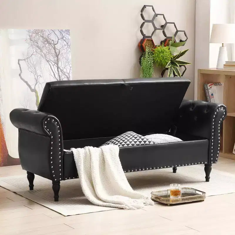 Banc de Rangement TUYOHW 63 avec Boutons Touffetés et Oreiller en Velours, Banc de Lit avec Pieds en Bois, Banc d'Entrée pour Salon, Chambre à Coucher