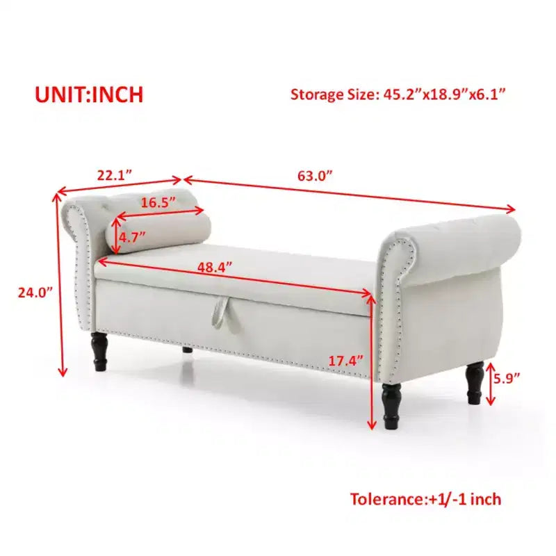 Banc de Rangement TUYOHW 63 avec Boutons Touffetés et Oreiller en Velours, Banc de Lit avec Pieds en Bois, Banc d'Entrée pour Salon, Chambre à Coucher