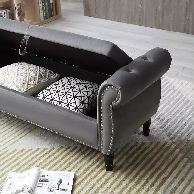 Banc de Rangement TUYOHW 63 avec Boutons Touffetés et Oreiller en Velours, Banc de Lit avec Pieds en Bois, Banc d'Entrée pour Salon, Chambre à Coucher