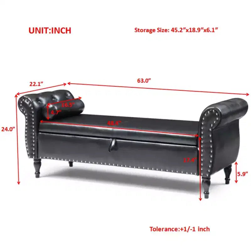 Banc de Rangement TUYOHW 63 avec Boutons Touffetés et Oreiller en Velours, Banc de Lit avec Pieds en Bois, Banc d'Entrée pour Salon, Chambre à Coucher