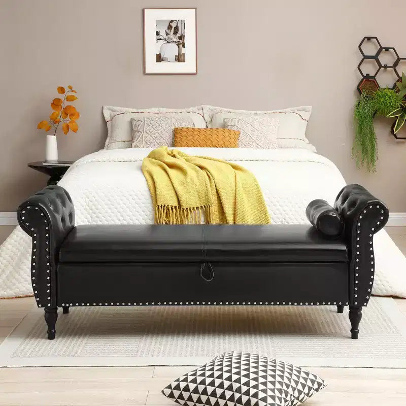 Banc de Rangement TUYOHW 63 avec Boutons Touffetés et Oreiller en Velours, Banc de Lit avec Pieds en Bois, Banc d'Entrée pour Salon, Chambre à Coucher